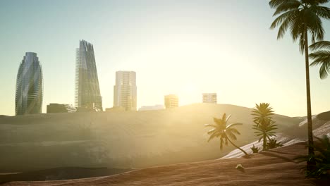 city-skyscrapes-in-desert-at-sunset